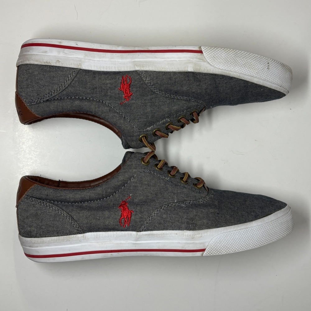 Polo Ralph Lauren Vito Mens 11D Grey Chambray Leather Trim Sneakers‎ Low Shoes - Picture 6 of 9